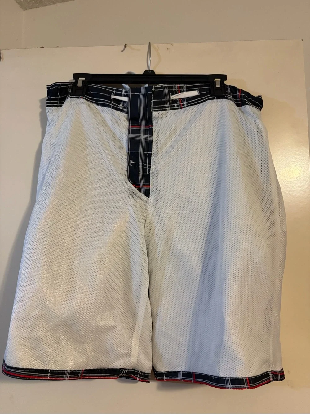 Men's Navy Plaid Swim Trunks with Red Accent